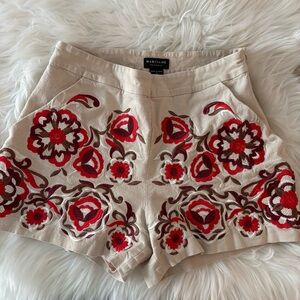 Gorgeous Marciano Los Angeles Cream and Red Linen Blend Embroidered Shorts